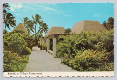 Historic photograph of the Punaluʻu Village Restaurant surrounded by tropical landscaping on the Kaʻū coast of Hawaii
