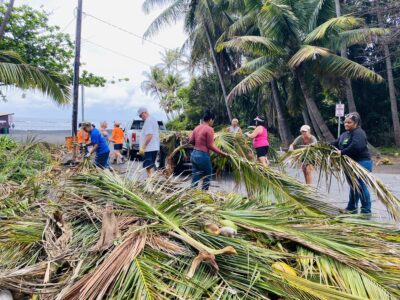 THE RESTORATION OF PUNALUʻU 18 Local community members clearing fallen palm fronds and storm debris along the road at Punaluʻu Black Sand Beach in Kaʻū, Hawaii