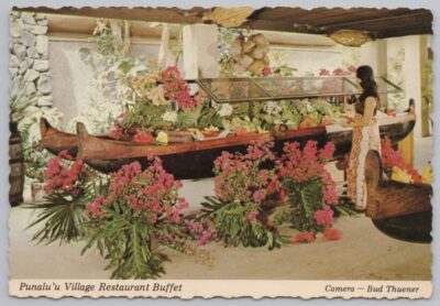 Punaluʻu Village Restaurant buffet featuring canoe-style serving tables during the Sea Mountain community era in Kaʻū, Hawaiʻi