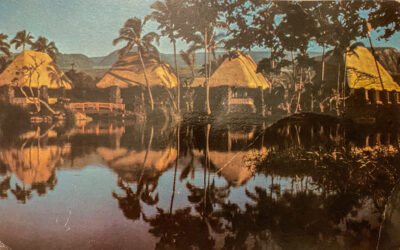 Punaluʻu Village thatched structures and freshwater lagoons during the Sea Mountain community era in Kaʻū, Hawaiʻi